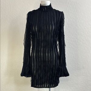FINAL! Sheer Black Long Sleeve Flutter Ruffle Dress With Bell Cuffs